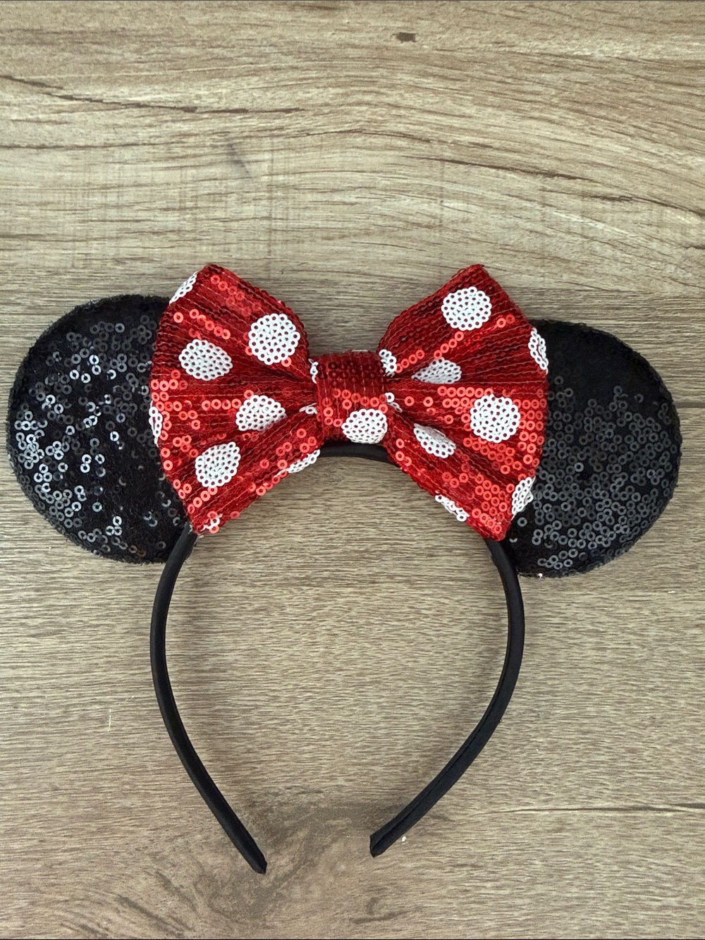 Sequin Minnie Mouse Ear Headband with Red Polka Dot Bow